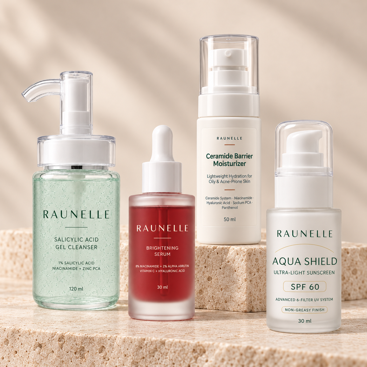 Woman holding Raunelle brightening serum with the complete routine