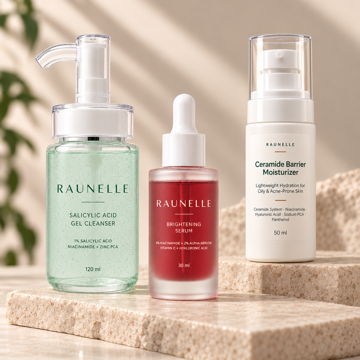 Raunelle cleanser, brightening serum and Barrier Repair Moisturizer