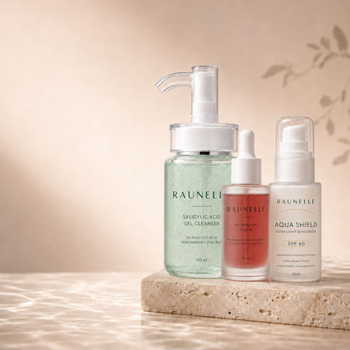 Raunelle cleanser, brightening serum and Aqua Shield sunscreen routine