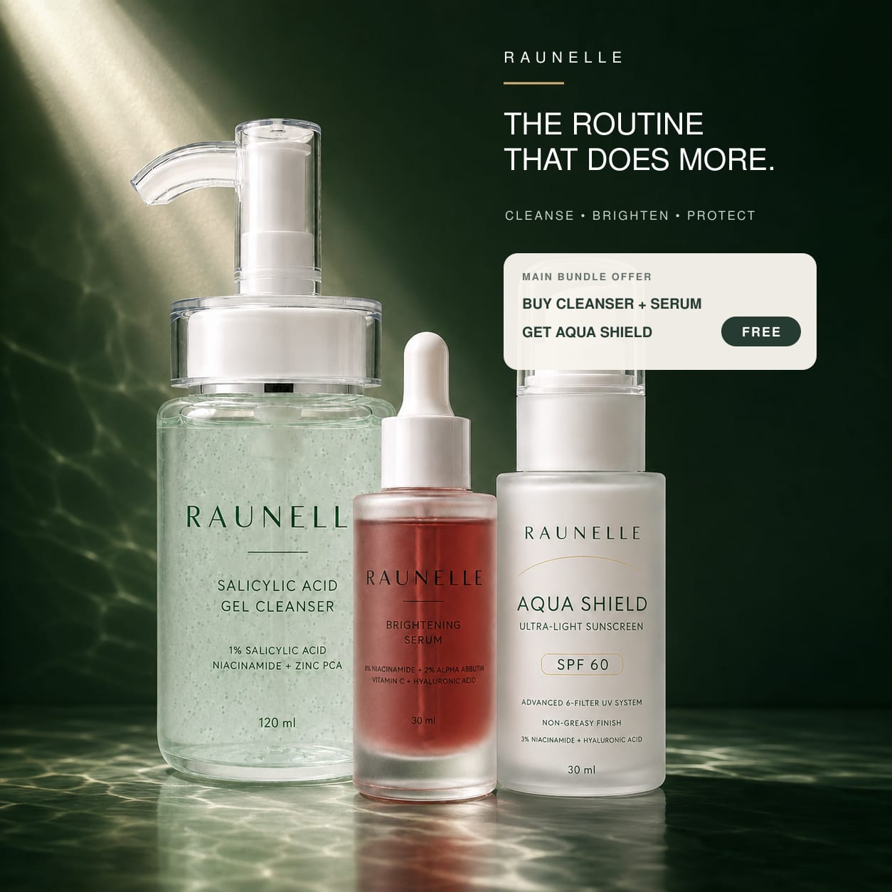 Raunelle cleanser, brightening serum and Aqua Shield sunscreen