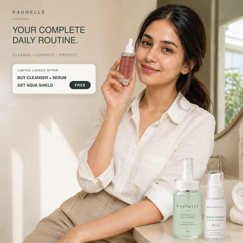 Woman holding Raunelle brightening serum beside the complete routine