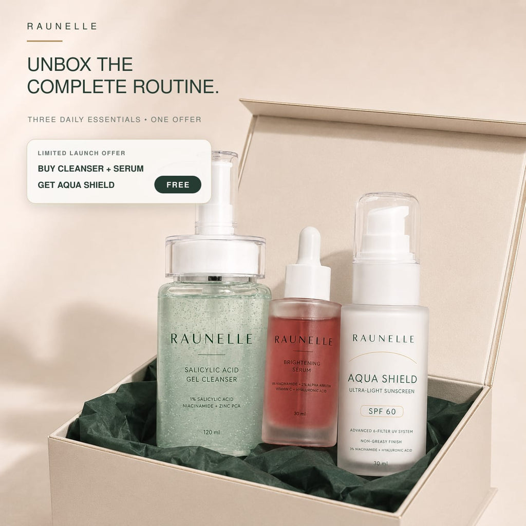 Raunelle cleanser, serum and sunscreen inside a presentation box