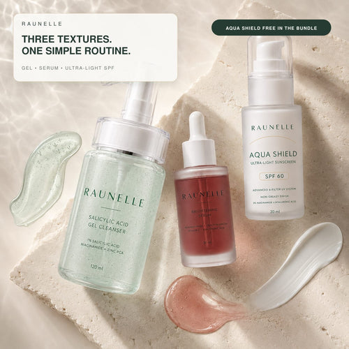 Raunelle Aqua Shield sunscreen texture beside the complete routine